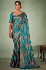 Load image into Gallery viewer, Cyan Color Georgette Fabric Miraculous Weaving Work Saree
