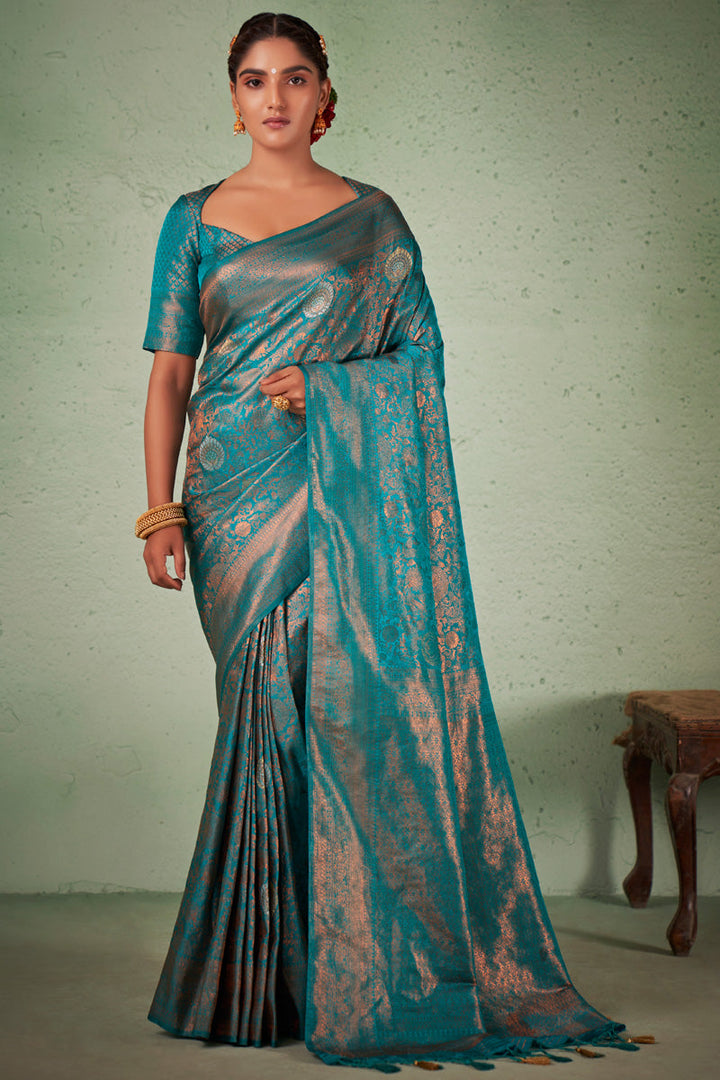 Cyan Color Georgette Fabric Miraculous Weaving Work Saree