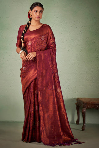 Georgette Fabric Beguiling Maroon Color Weaving Work Saree