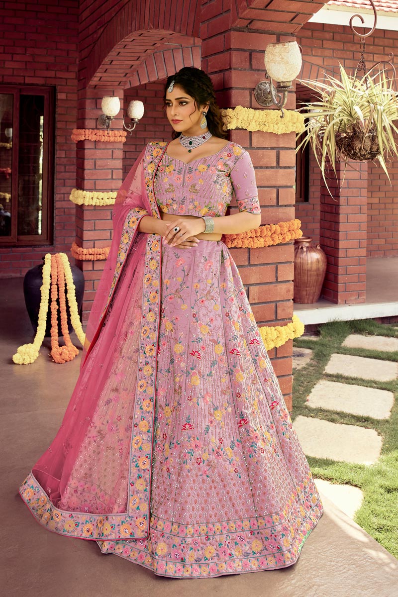 Attractive Art Silk Fabric Pink Color Designer Bridal Lehenga With Embroidered Work