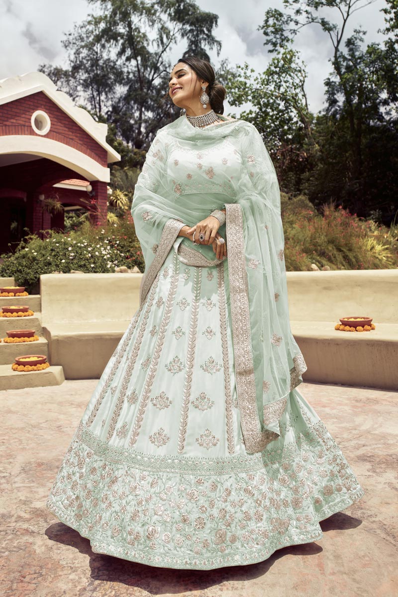 Beguiling Embroidered Work On Light Cyan Color Art Silk Fabric Bridal Lehenga