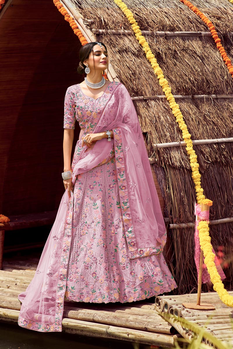 Beautiful Embroidered Work On Art Silk Fabric Pink Color Wedding Wear Bridal Lehenga