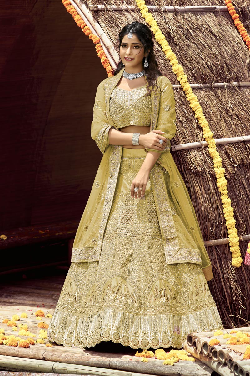 Dazzling Yellow Color Art Silk Fabric Designer Bridal Lehenga With Embroidered Work