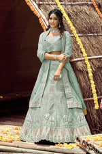 Load image into Gallery viewer, Art Silk Fabric Cyan Color Bridal Lehenga With Fascinating Embroidered Work

