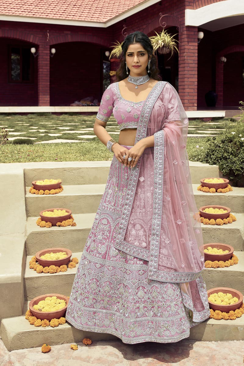 Attractive Embroidered Work On Designer Bridal Lehenga In Pink Color Art Silk Fabric
