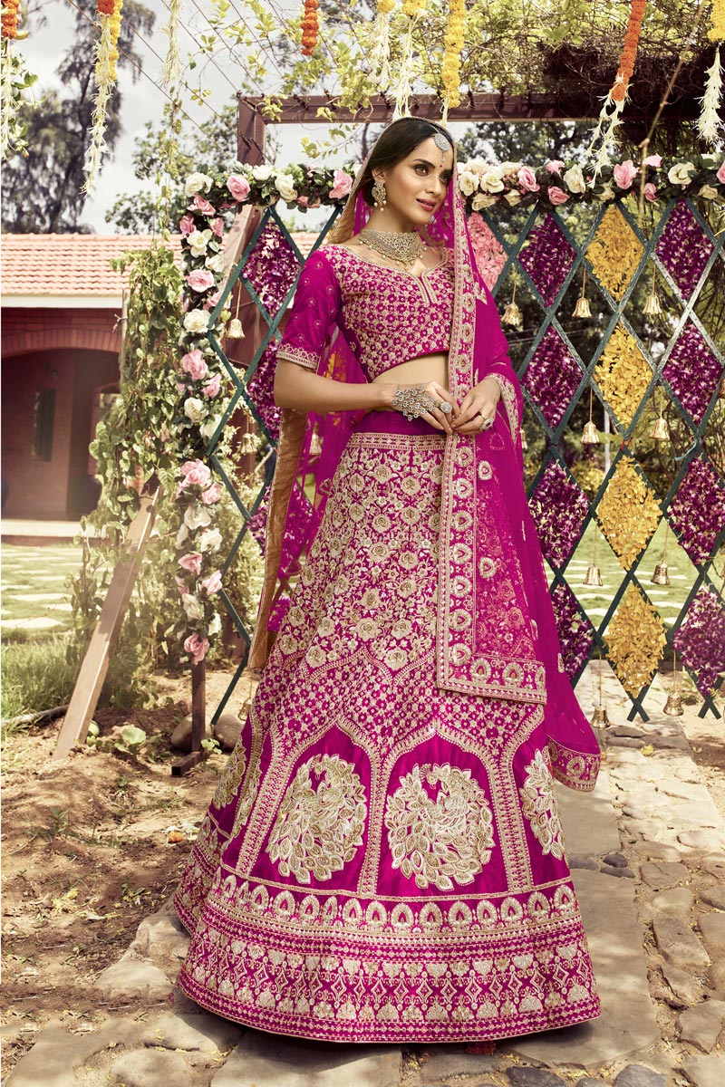 Elegant Magenta Color Art Silk Fabric Designer Bridal Lehenga With Embroidered Work