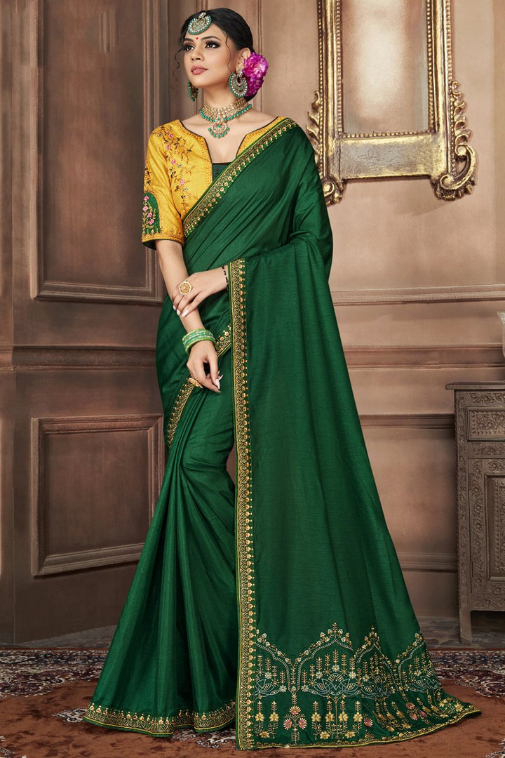 Art Silk Fabric Embroidered Dark Green Color Wedding Wear Saree