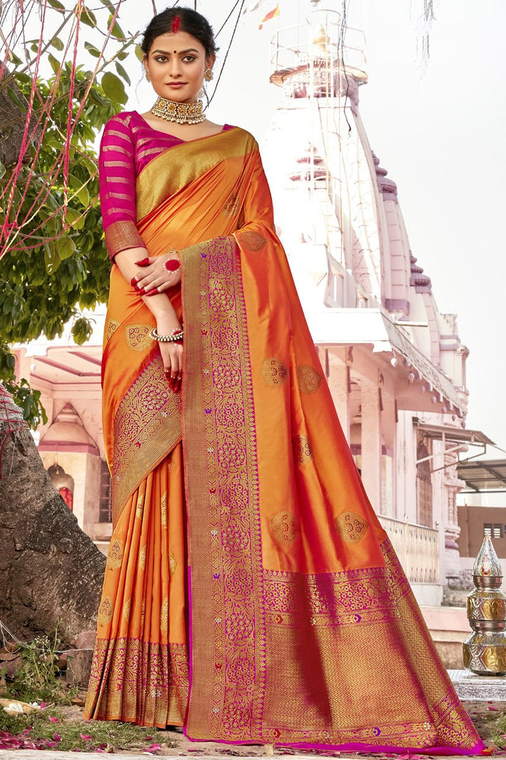 Function Wear Art Silk Fabric Orange Color Fancy Weaving Work Saree