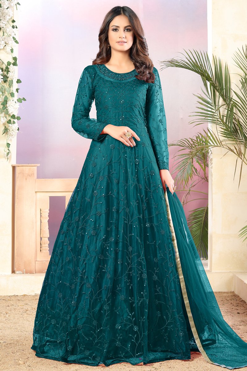 Teal Color Net Fabric Fancy Embroidered Function Wear Anarkali Salwar Kameez