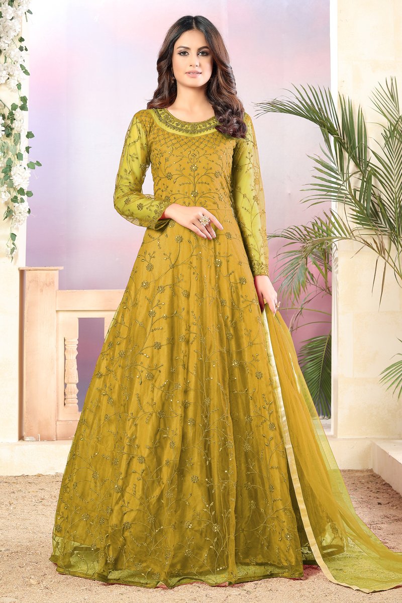 Yellow Color Function Wear Embroidered Net Fabric Anarkali Salwar Suit