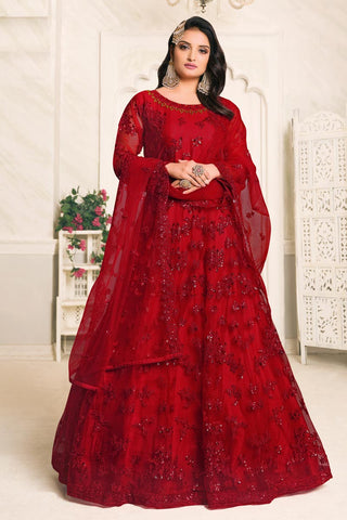 Red Color Net Fabric Fancy Embroidery Work Party Wear Anarkali Salwar Kameez