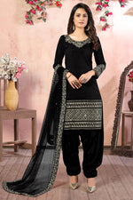 Load image into Gallery viewer, Black Color Art Silk Fabric Embroidery Work Reception Wear Fancy Patiala Salwar Kameez
