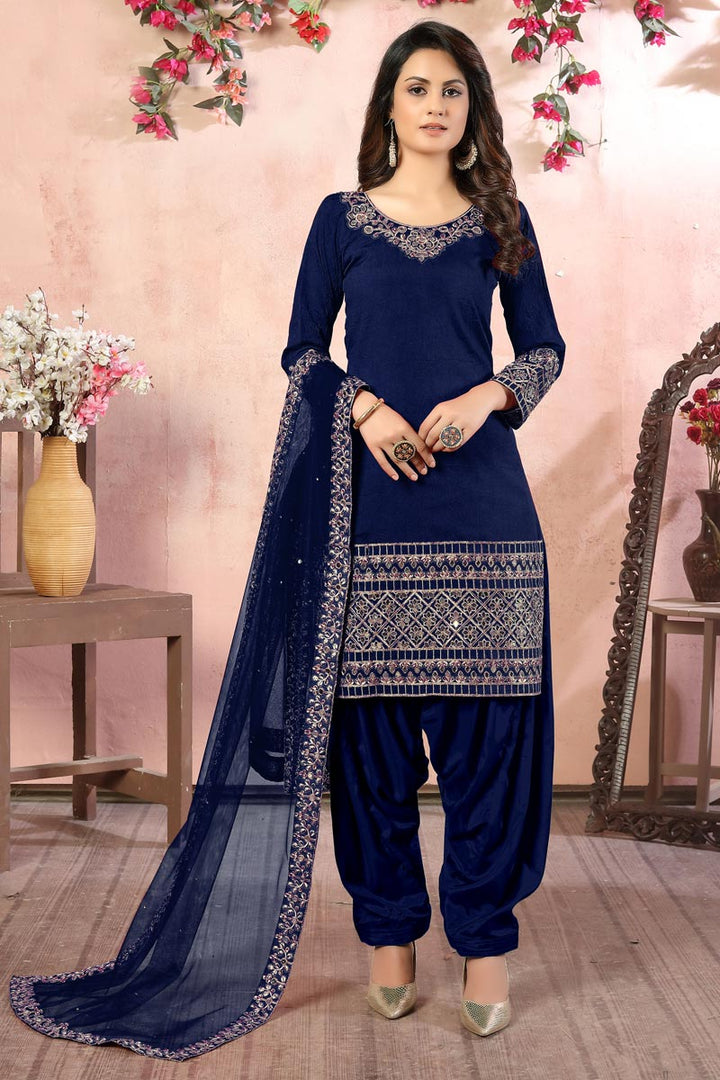 Art Silk Fabric Embroidery Work Festive Wear Trendy Patiala Salwar Kameez In Navy Blue Color