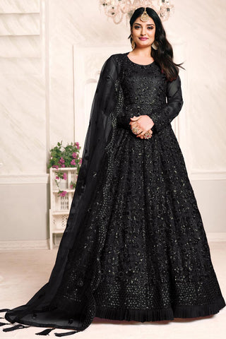 Black Color Net Fabric Embroidery Work Reception Wear Anarkali Suit