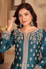 Load image into Gallery viewer, Looks Pretty Teal Art Silk Fabric Floor Length Anarkali Suit

