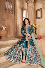 Load image into Gallery viewer, Looks Pretty Teal Art Silk Fabric Floor Length Anarkali Suit
