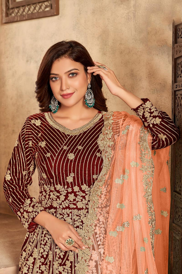 Maroon Color Velvet Fabric Function Wear Embroidered Attractive Anarkali Suit