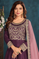 Load image into Gallery viewer, Art Sirk Fabric Purple Color Sangeet Wear Embroidered Anarkali Suit With Net Dupatta
