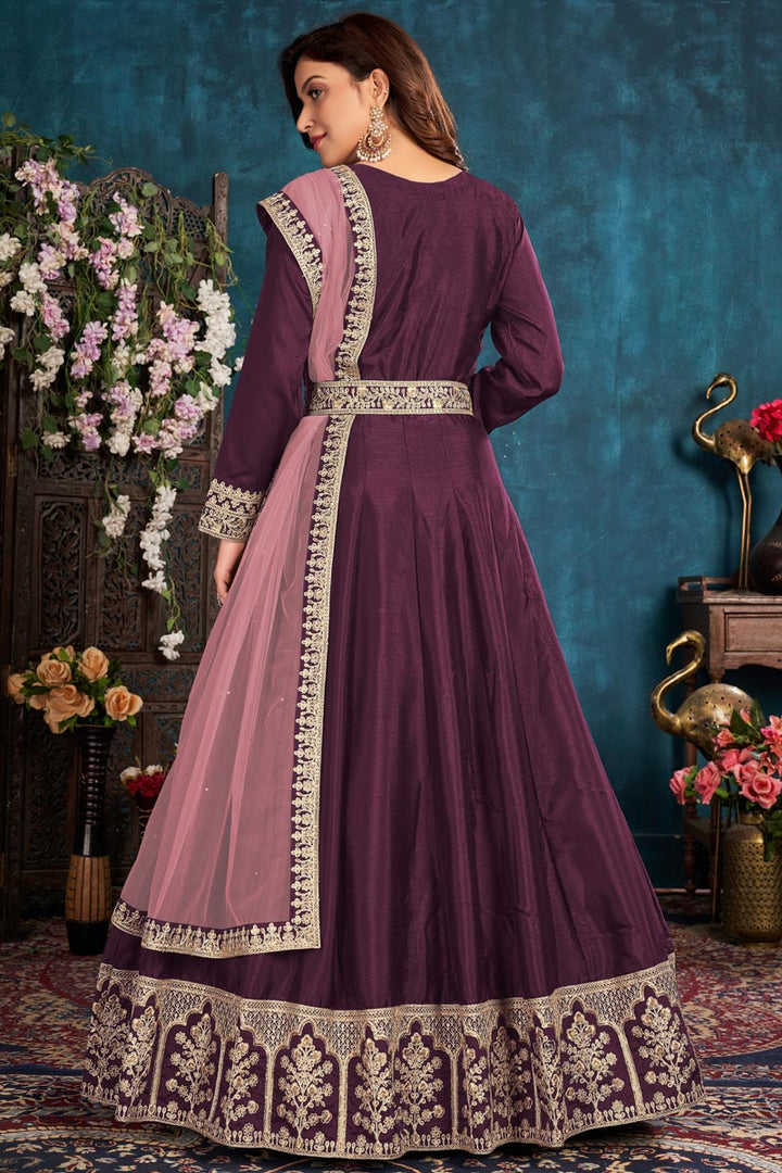Art Sirk Fabric Purple Color Sangeet Wear Embroidered Anarkali Suit With Net Dupatta