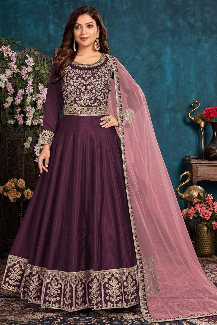 Art Sirk Fabric Purple Color Sangeet Wear Embroidered Anarkali Suit With Net Dupatta