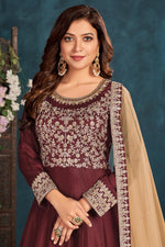 Load image into Gallery viewer, Art Sirk Fabric Sangeet Wear Maroon Color Embroidered Anarkali Suit

