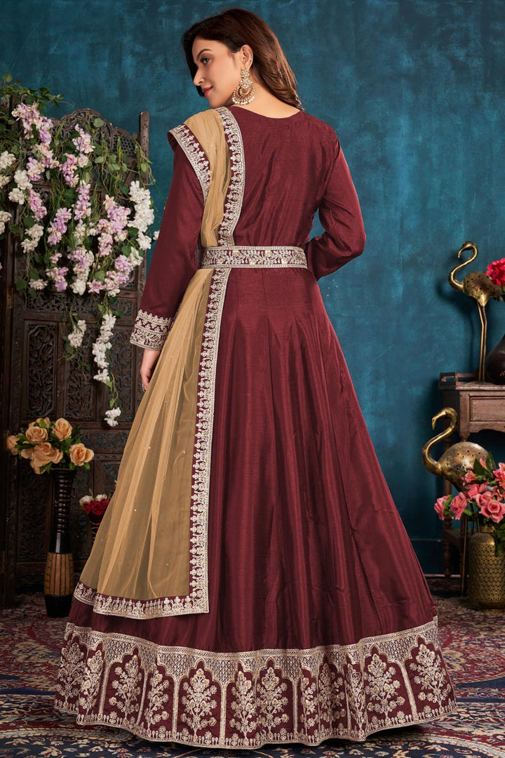 Art Sirk Fabric Sangeet Wear Maroon Color Embroidered Anarkali Suit