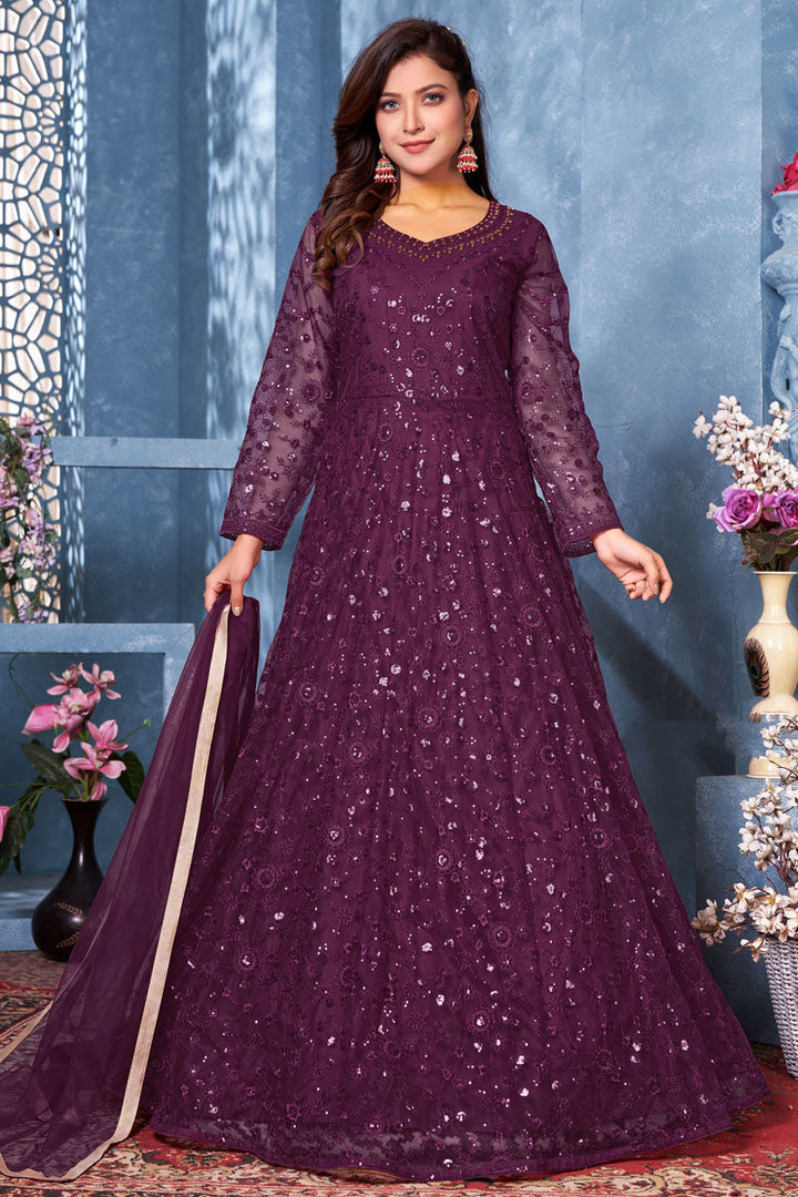 Net Fabric Function Wear Purple Color Embroidered Anarkali Dresses