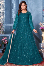 Load image into Gallery viewer, Cyan Color Function Wear Net Fabric Embroidered Anarkali Dresses
