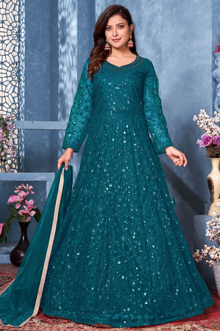 Cyan Color Function Wear Net Fabric Embroidered Anarkali Dresses