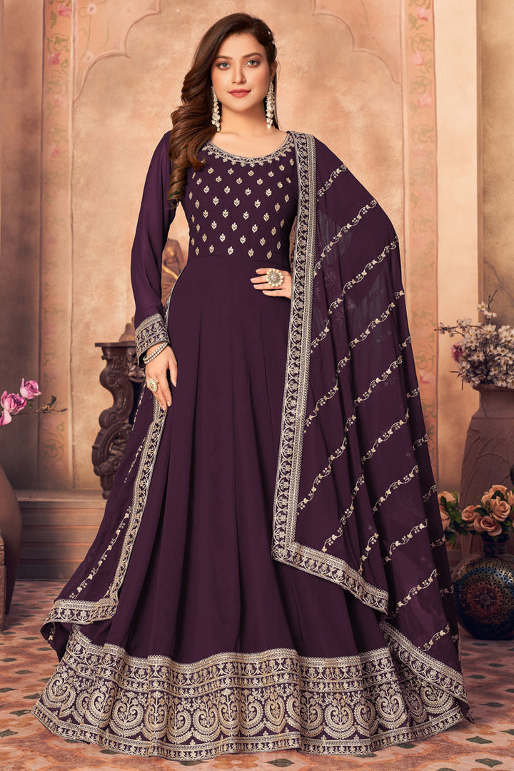 Purple Color Function Wear Embroidered Anarkali Suit In Georgette Fabric