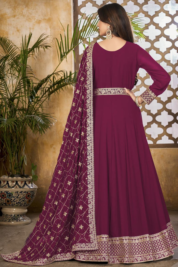 Precious Burgundy Color Georgette Fabric Anarkali Suit With Embroidered Work