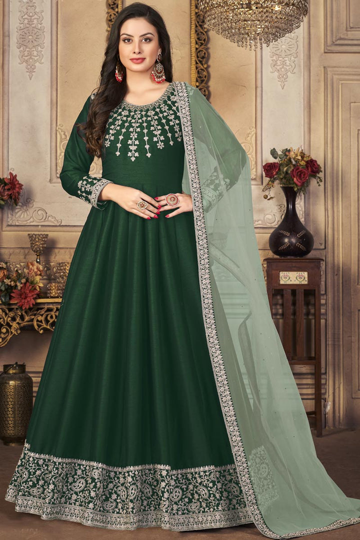 Captivating Green Color Function Wear Anarkali Suit In Art Silk Fabric