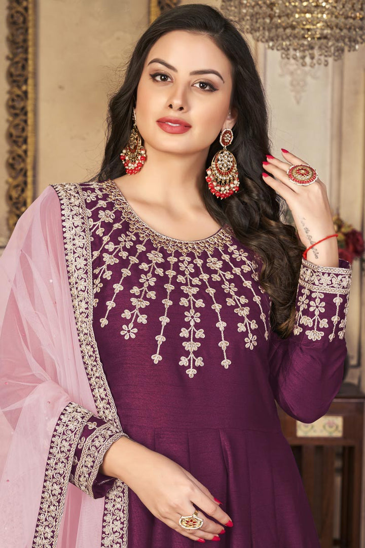Function Wear Purple Color Elegant Art Silk Fabric Anarkali Suit