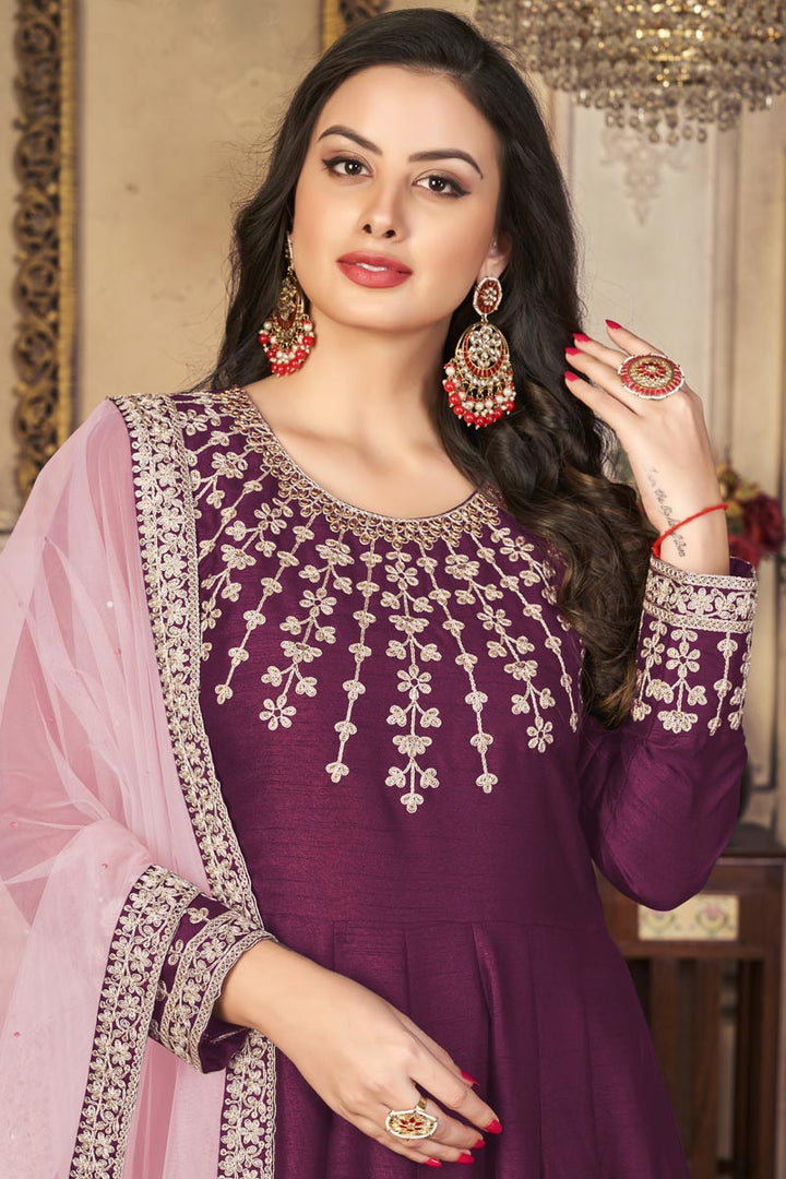 Function Wear Purple Color Elegant Art Silk Fabric Anarkali Suit