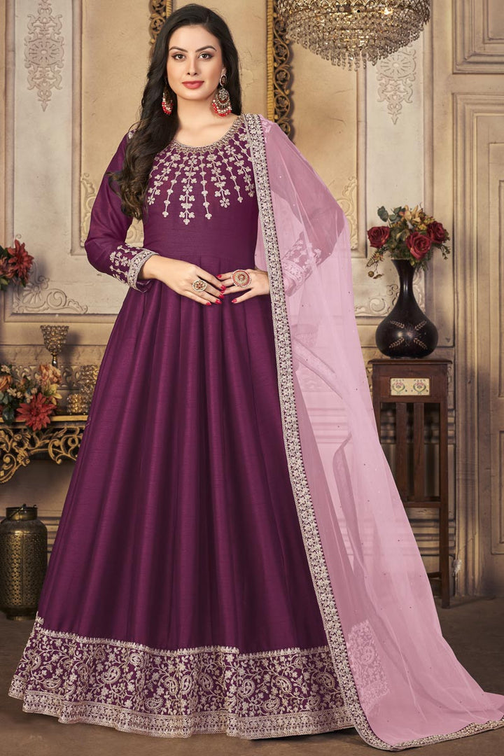 Function Wear Purple Color Elegant Art Silk Fabric Anarkali Suit