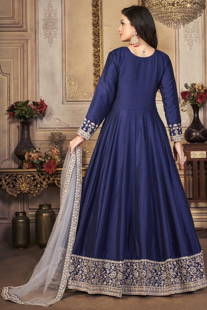 Blue Color Function Wear Inventive Anarkali Suit In Art Silk Fabric