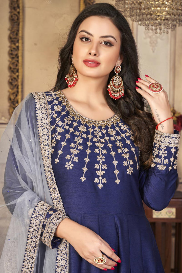 Blue Color Function Wear Inventive Anarkali Suit In Art Silk Fabric