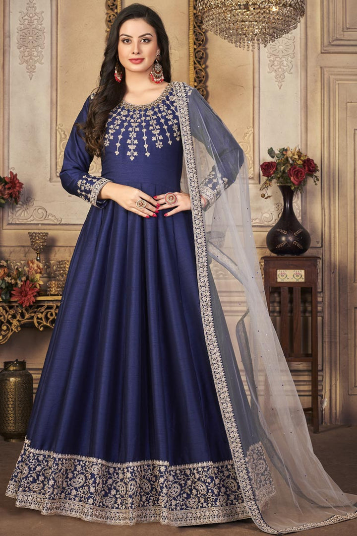 Blue Color Function Wear Inventive Anarkali Suit In Art Silk Fabric