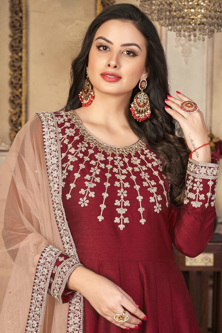 Art Silk Fabric Function Wear Appealing Anarkali Suit In Maroon Color