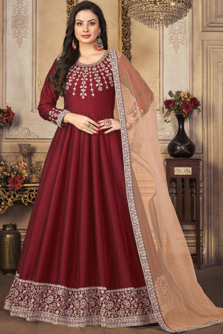 Art Silk Fabric Function Wear Appealing Anarkali Suit In Maroon Color