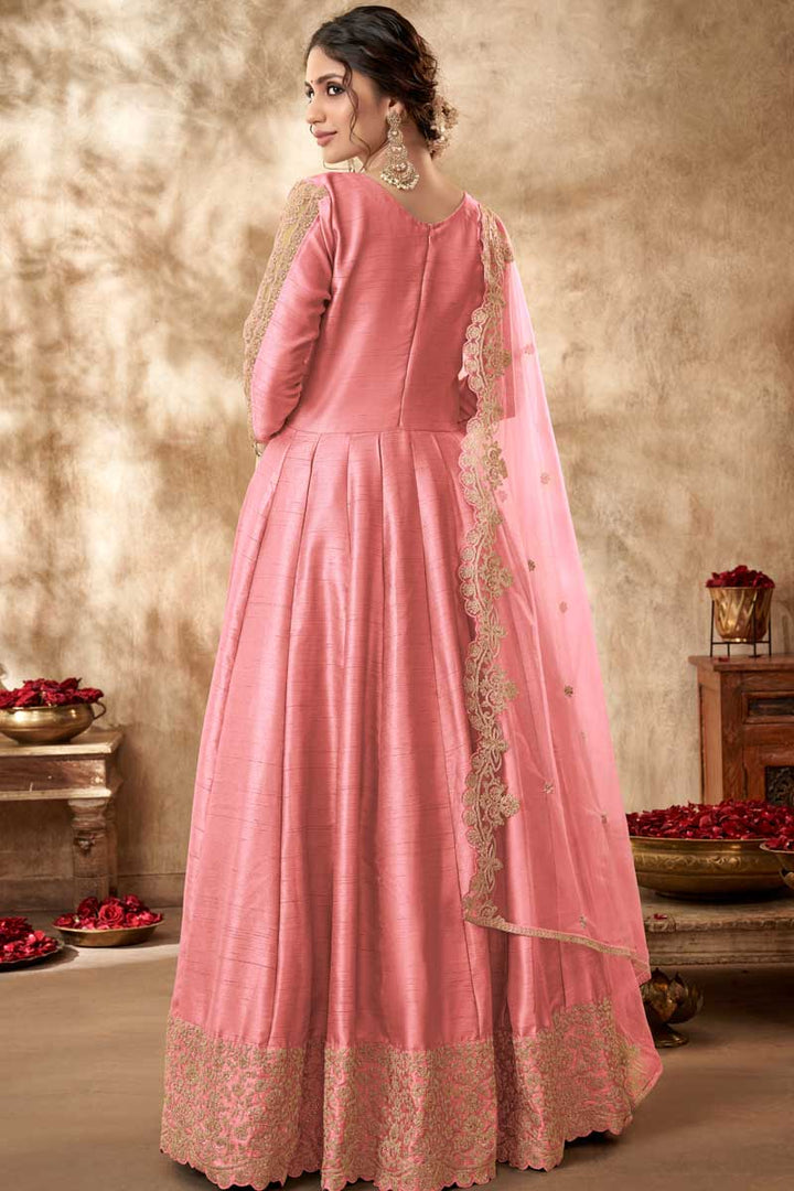 Art Silk Fabric Peach Color Anarkali Suit With Ingenious Embroidered Work