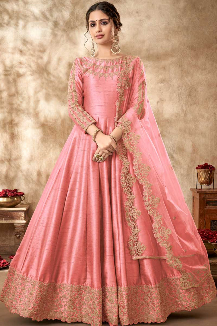 Art Silk Fabric Peach Color Anarkali Suit With Ingenious Embroidered Work