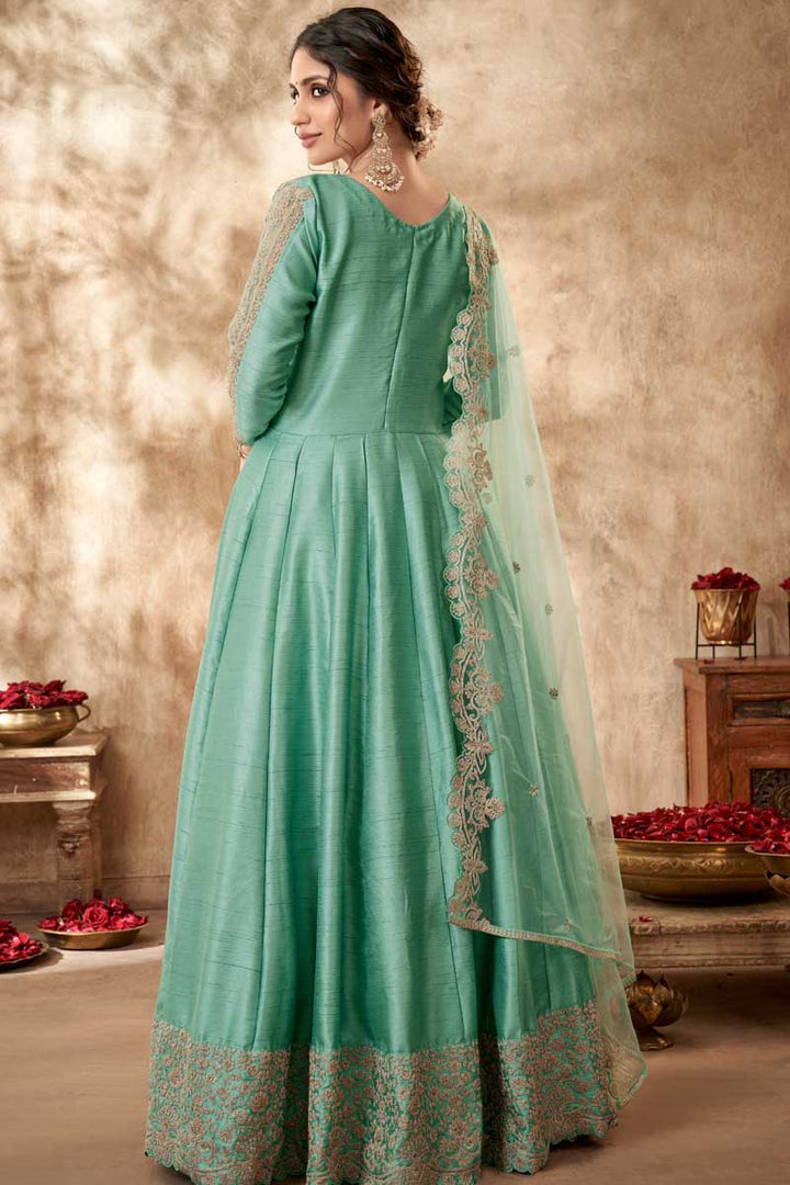Tempting Art Silk Fabric Sea Green Color Anarkali Suit With Embroidered Work