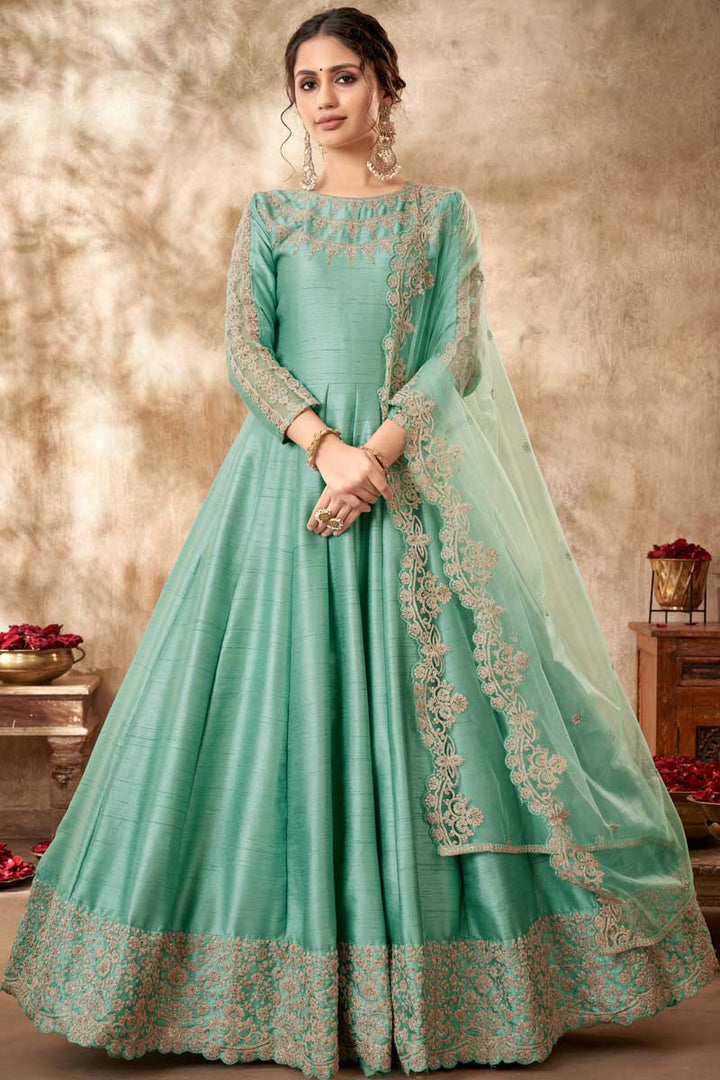 Tempting Art Silk Fabric Sea Green Color Anarkali Suit With Embroidered Work