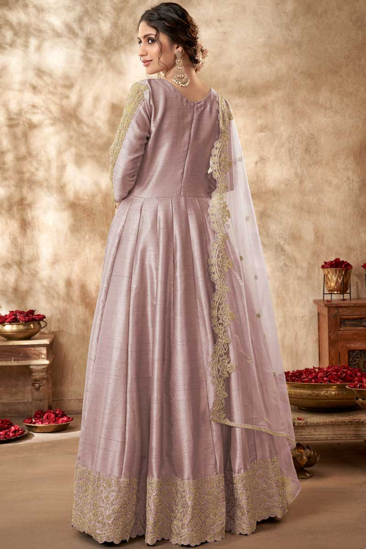 Engaging Pink Color Art Silk Fabric Anarkali Suit With Embroidered Work