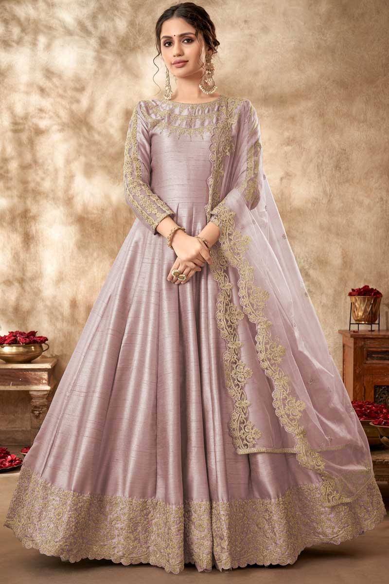 Engaging Pink Color Art Silk Fabric Anarkali Suit With Embroidered Work