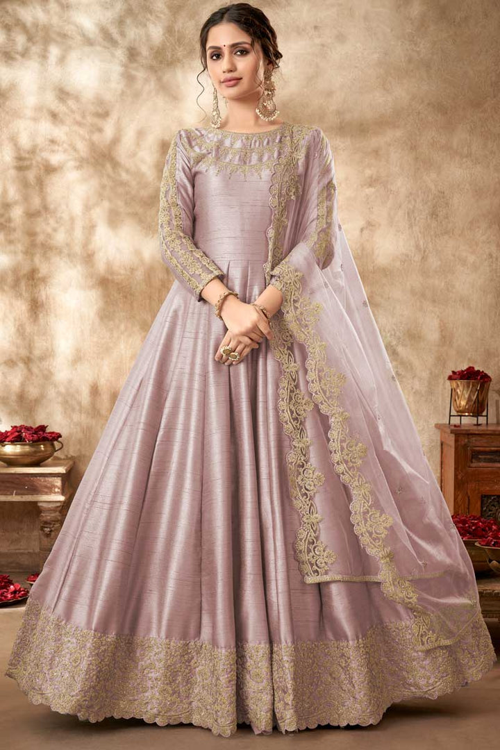 Engaging Pink Color Art Silk Fabric Anarkali Suit With Embroidered Work