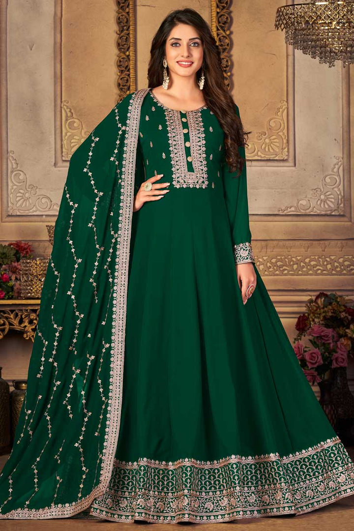 Radiant Dark Green Color Georgette Fabric Embroidered Anarkali Suit