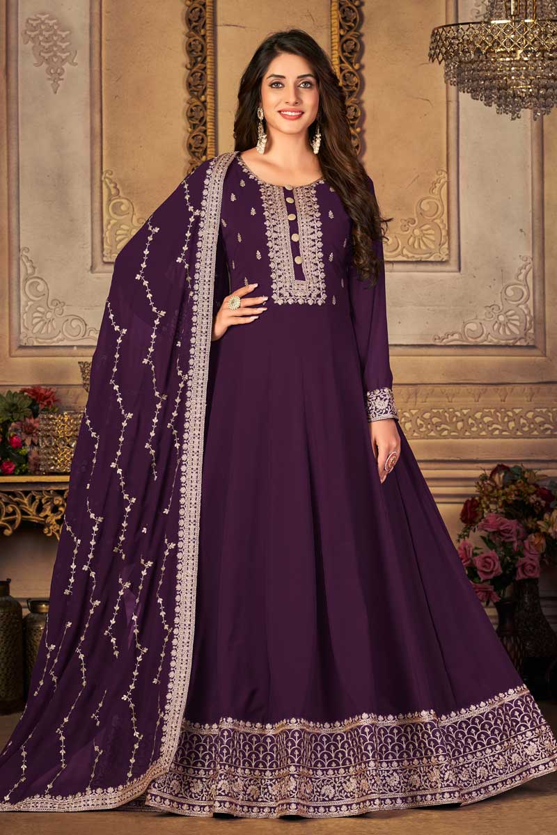 Purple Color Georgette Fabric Attractive Embroidered Anarkali Suit