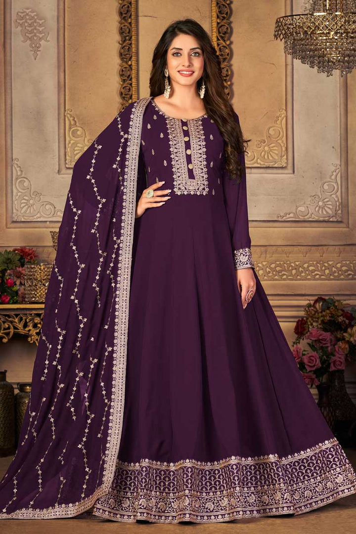 Purple Color Georgette Fabric Attractive Embroidered Anarkali Suit
